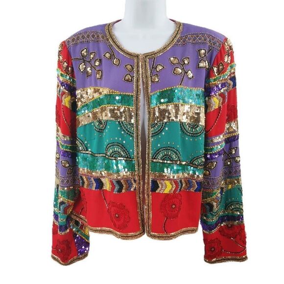 Vintage Purple Green and Red Floral Beaded Jacket | Tag Size XL | Circa 1980s-19 - Picture 1 of 7